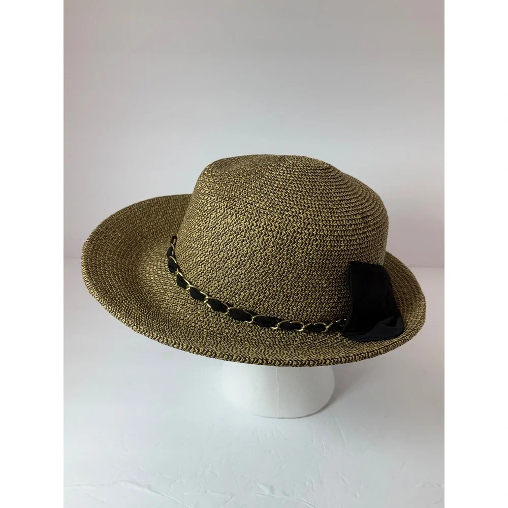 Sun N Sand Womens Wide Brim Straw Hat UPF 50+ Black Tan Gold Chain Bow Accent